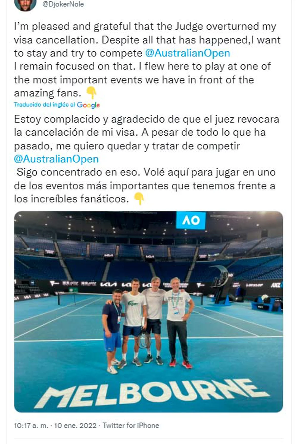 El mensaje de Novak Djokovic después de ganar la batalla judicial para quedarse en Australia