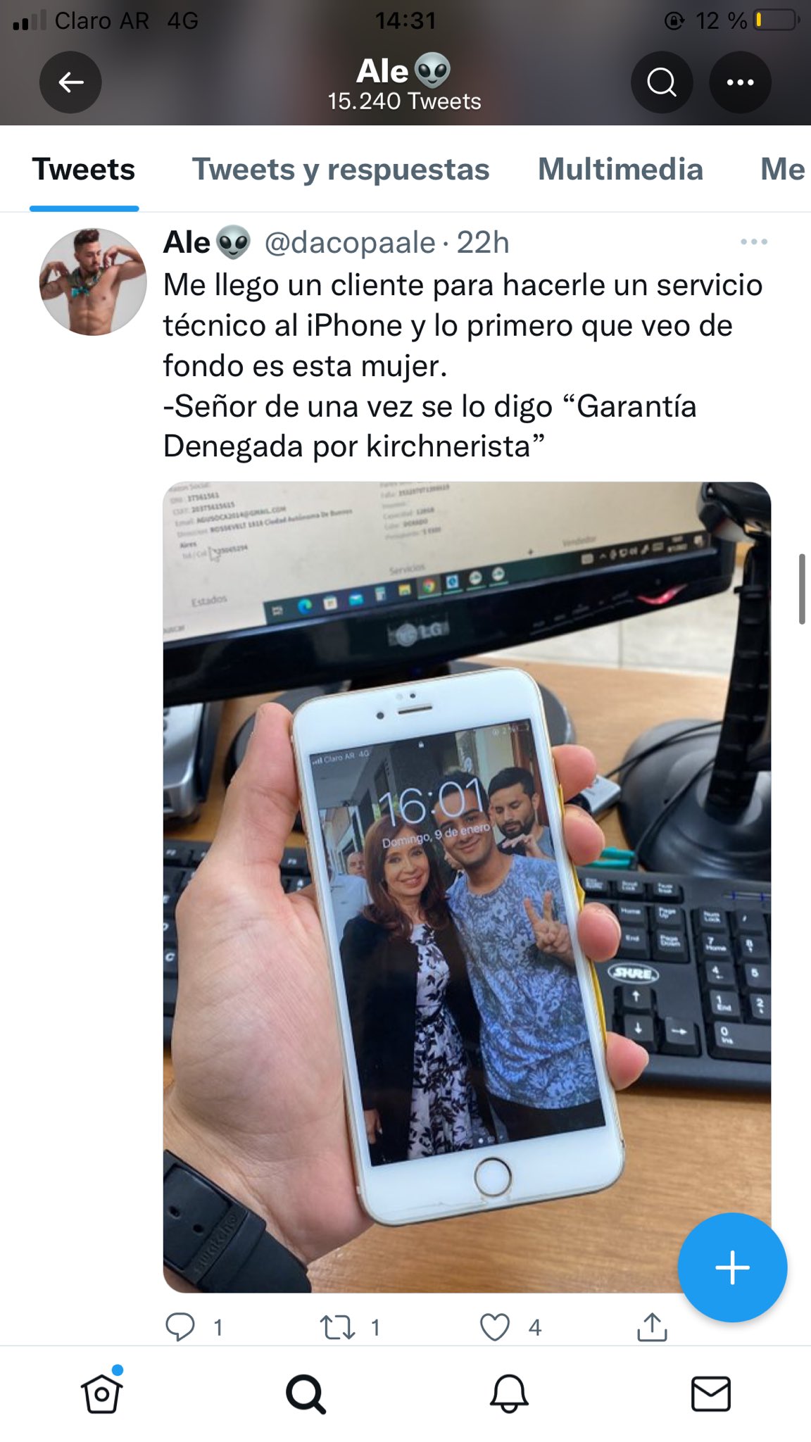 Mando a reparar su teléfono y no se lo arreglaron porque tenía una foto con CFK
